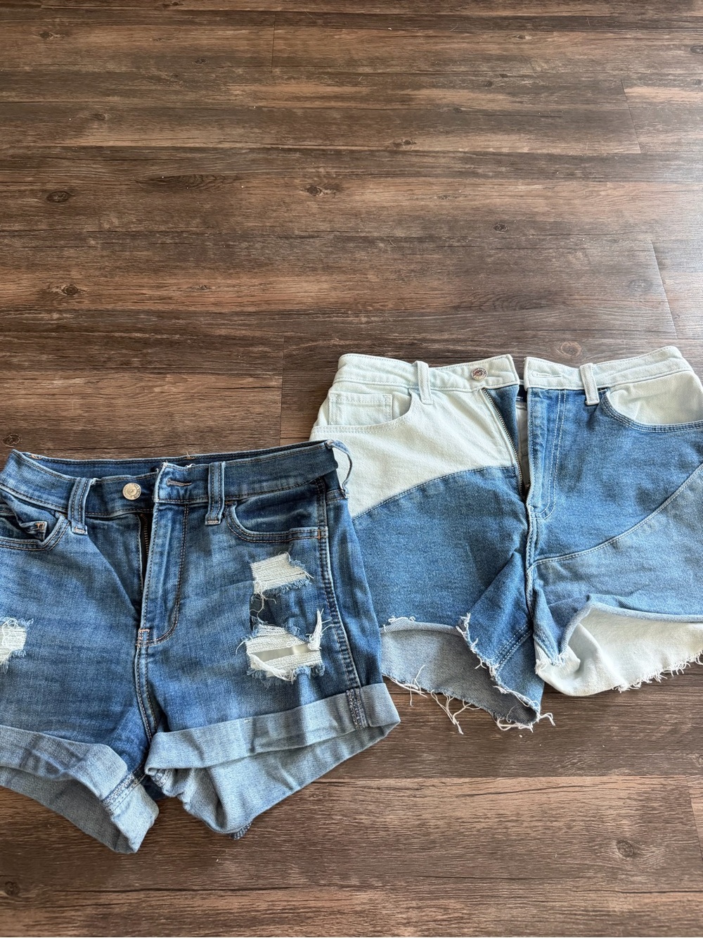 Hollister Two-Tone & Distressed Denim Shorts - Light Blue & Medium Blue